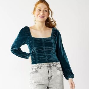 Emerald Ruched Velvet Long Sleeve Top
